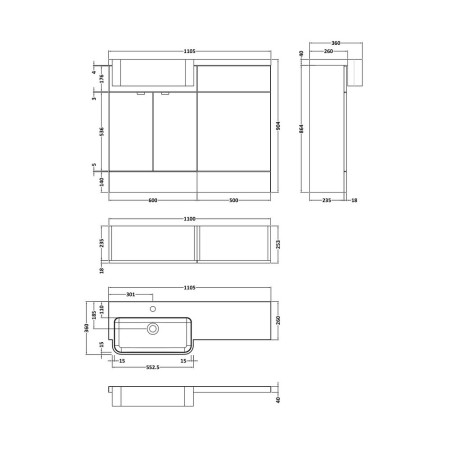 CBI546 Hudson Reed Fusion 1100mm LH Anthracite Woodgrain Combination Unit & Round Semi Recessed Basin (2)