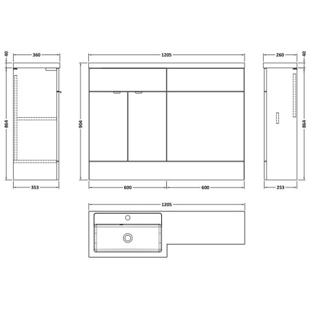 CBI3009 Hudson Reed Fusion 1200mm Full Depth Bleached Oak LH Combination Unit Line Drawing