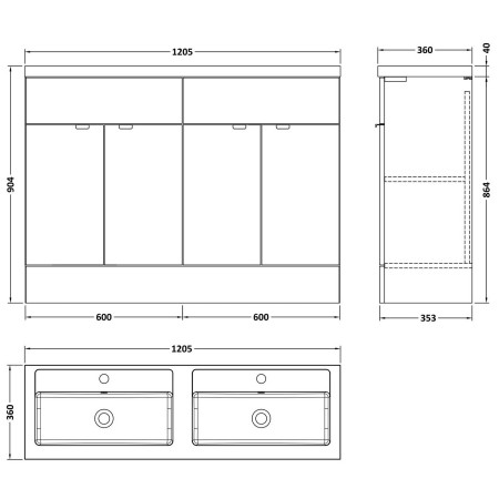 CBI3234 Hudson Reed Fusion 1200mm Pebble Grey Double Vanity Unit with Basin Dimensions