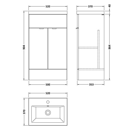 CBI924 Hudson Reed Fusion 500mm Floor Standing Vanity Unit & Basin - Gloss Grey Line Drawing