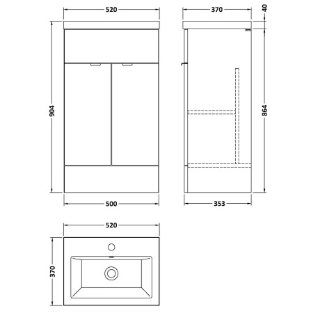 CBI124 Hudson Reed Fusion 500mm Floor Standing Vanity Unit & Basin - Gloss White Line Drawing