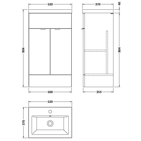 CBI524 Hudson Reed Fusion 500mm Floor Standing Vanity Unit & Basin Anthracite Woodgrain Line Drawing
