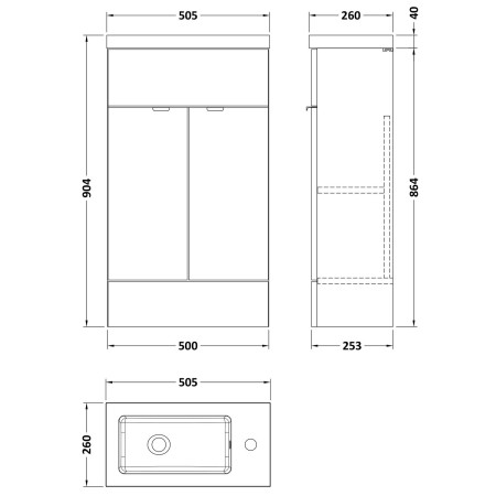 CBI3222 Hudson Reed Fusion 500mm Pebble Grey Slimline Vanity Unit with Basin Dimensions