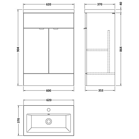 CBI107 Hudson Reed Fusion 600mm Floor Standing Vanity Unit & Basin - Gloss White Line Drawing
