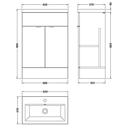 CBI507 Hudson Reed Fusion 600mm Floor Standing Vanity Unit & Basin Anthracite Woodgrain Line Drawing