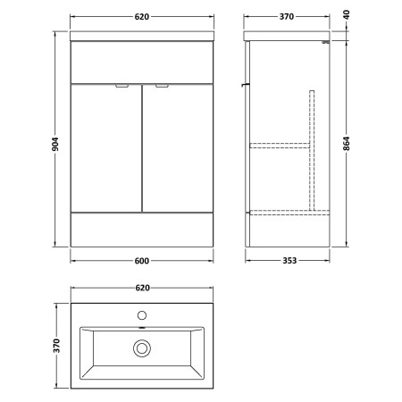 CBI607 Hudson Reed Fusion 600mm Floor Standing Vanity Unit & Basin Charcoal Black Woodgrain Line Drawing