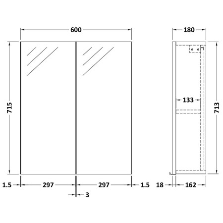 OFF3217 Hudson Reed Fusion 600mm Pebble Grey Mirror Cabinet Unit Dimensions