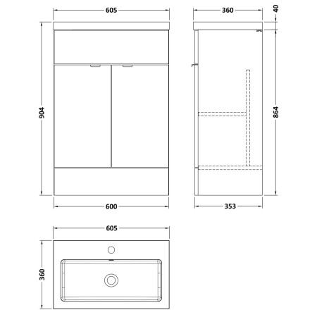 CBI3207 Hudson Reed Fusion 600mm Pebble Grey Vanity Unit with Basin Dimensions