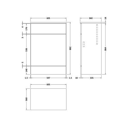 CBI520A Hudson Reed Fusion 600mm WC Unit in Anthracite Woodgrain Line Drawing