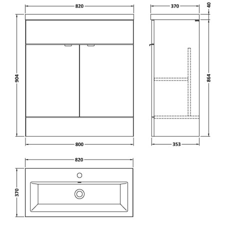 CBI528 Hudson Reed Fusion 800mm Floor Standing Vanity Unit & Basin Anthracite Woodgrain Line Drawing