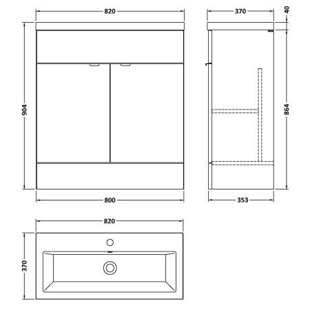 CBI628 Hudson Reed Fusion 800mm Floor Standing Vanity Unit & Basin Charcoal Black Woodgrain Line Drawing
