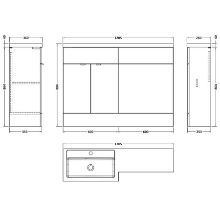 CBI909 Hudson Reed Fusion Combination 1200mm Full Depth Unit in Gloss Grey LH Line Drawing