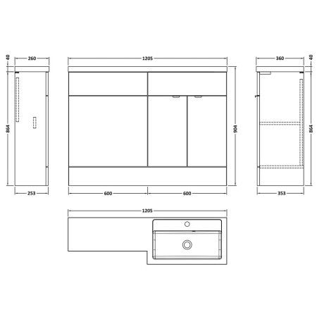 CBI910 Hudson Reed Fusion Combination 1200mm Full Depth Unit in Gloss Grey RH Line Drawing