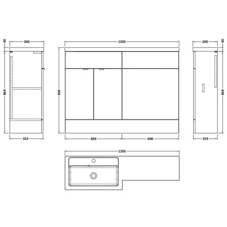 CBI109 Hudson Reed Fusion Combination 1200mm Full Depth Unit in Gloss White LH Line Drawing
