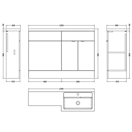 CBI110 Hudson Reed Fusion Combination 1200mm Full Depth Unit in Gloss White RH Line Drawing