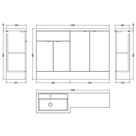 CBI611 Hudson Reed Fusion Combination 1200mm Full Depth Vanity & Storage Unit in Charcoal Black Woodgrain LH Line Drawing