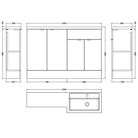 CBI612 Hudson Reed Fusion Combination 1200mm Full Depth Vanity & Storage Unit in Charcoal Black Woodgrain RH Line Drawing