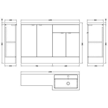 CBI912 Hudson Reed Fusion Combination 1200mm Full Depth Vanity & Storage Unit in Gloss Grey RH Line Drawing