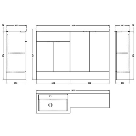 CBI111 Hudson Reed Fusion Combination 1200mm Full Depth Vanity & Storage Unit in Gloss White LH Line Drawing