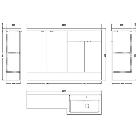 CBI112 Hudson Reed Fusion Combination 1200mm Full Depth Vanity & Storage Unit in Gloss White RH Line Drawing