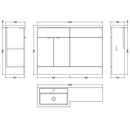 CBI509 Hudson Reed Fusion Combination Unit 1200mm Full Depth in Anthracite Woodgrain LH Line Drawing