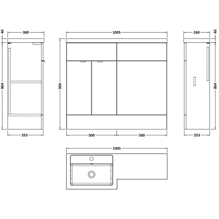 CBI3226 Hudson Reed Fusion Full Depth 1000mm Left Hand Combination Basin Unit in Pebble Grey Line Drawing