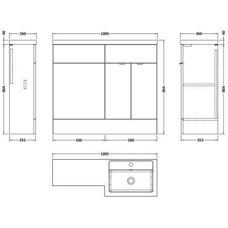 CBI3227 Hudson Reed Fusion Full Depth 1000mm Right Hand Combination Basin Unit in Pebble Grey Dimensions
