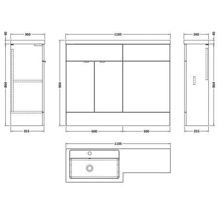 CBI902 Hudson Reed Fusion Full Depth 1100mm Combination Unit with Basin in Gloss Grey LH Line Drawing