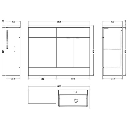CBI903 Hudson Reed Fusion Full Depth 1100mm Combination Unit with Basin in Gloss Grey RH Line Drawing