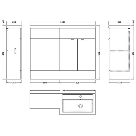 CBI103 Hudson Reed Fusion Full Depth 1100mm Combination Unit with Basin in Gloss White RH Line Drawing