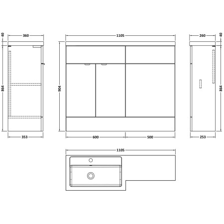 CBI3202 Hudson Reed Fusion Full Depth 1100mm Left Hand Combination Basin Unit in Pebble Grey Dimensions