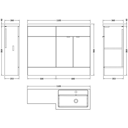 CBI3203 Hudson Reed Fusion Full Depth 1100mm Right Hand Combination Basin Unit in Pebble Grey Dimensions