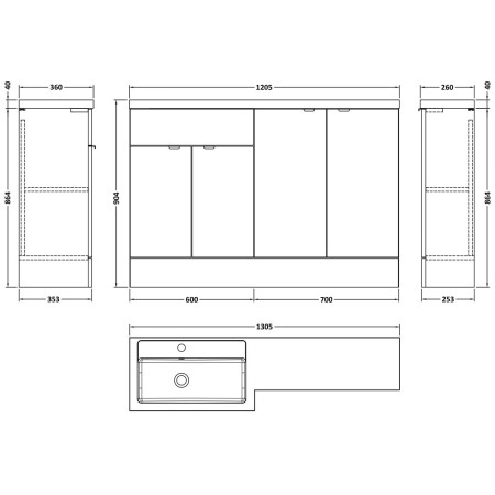 CBI3211 Hudson Reed Fusion Full Depth 1200mm LH Combination Basin Unit with Doors in Pebble Grey Dimensions