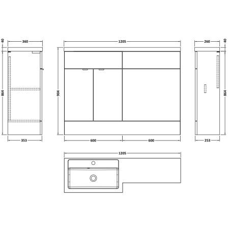 CBI3209 Hudson Reed Fusion Full Depth 1200mm Left Hand Combination Basin Unit in Pebble Grey Dimensions