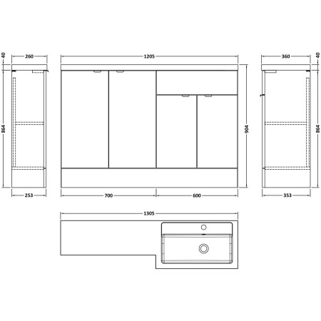 CBI3212 Hudson Reed Fusion Full Depth 1200mm RH Combination Basin Unit with Doors in Pebble Grey Dimensions