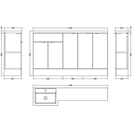 CBI3217 Hudson Reed Fusion Full Depth 1500mm LH Pebble Grey Combination Basin Unit with Doors Dimensions