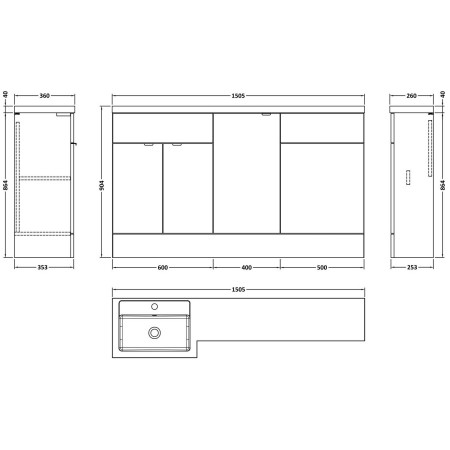 CBI3215 Hudson Reed Fusion Full Depth 1500mm Left Hand Combination Basin Unit in Pebble Grey Dimensions