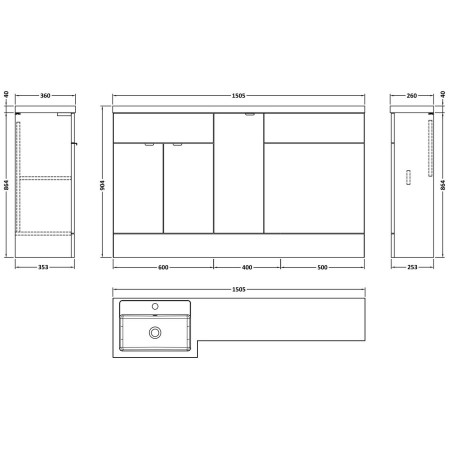 CBI3213 Hudson Reed Fusion Full Depth 1500mm Left Hand Pebble Grey Combination Basin Unit Dimensions