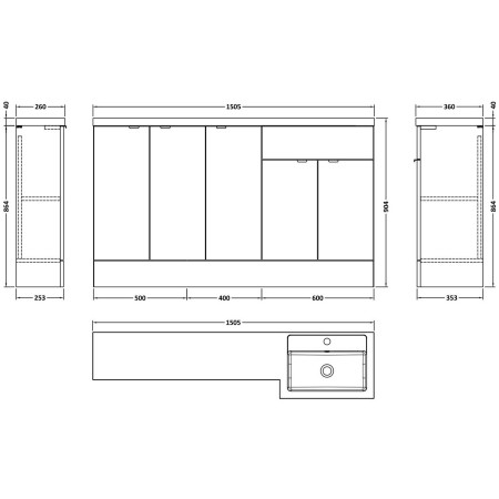 CBI3218 Hudson Reed Fusion Full Depth 1500mm RH Pebble Grey Combination Basin Unit with Doors Dimensions