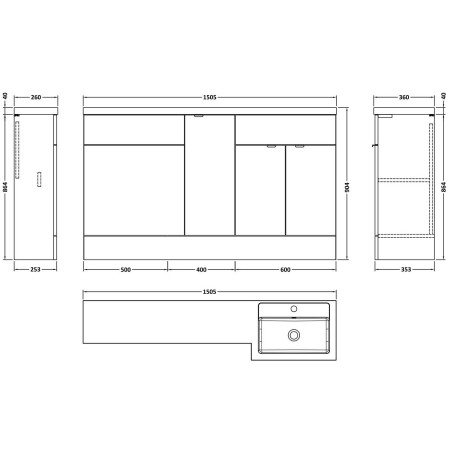 CBI3214 Hudson Reed Fusion Full Depth 1500mm Right Hand Pebble Grey Combination Basin Unit Dimensions