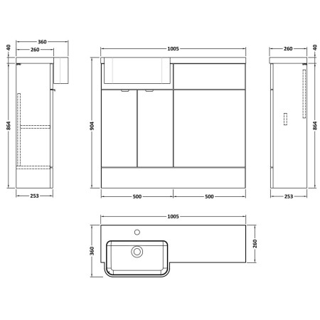 CBI3244 Hudson Reed Fusion Round Semi Recessed 1000mm LH Combination Basin Unit in Pebble Grey Dimensions