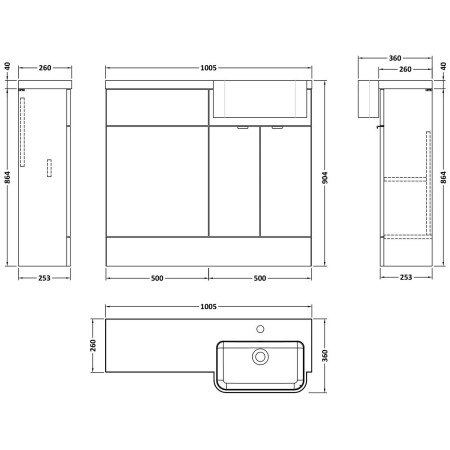 CBI3245 Hudson Reed Fusion Round Semi Recessed 1000mm RH Combination Basin Unit in Pebble Grey Dimensions
