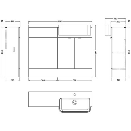 CBI3247 Hudson Reed Fusion Round Semi Recessed 1100mm RH Combination Basin Unit in Pebble Grey Dimensions