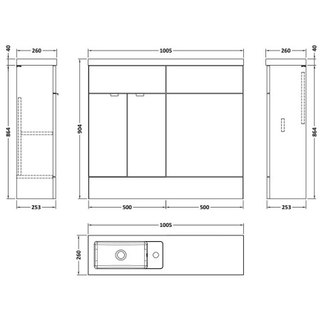 CBI3242 Hudson Reed Fusion Slimline 1000mm Combination Basin Unit in Pebble Grey Dimensions