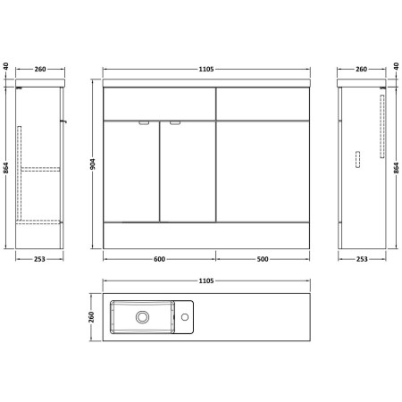 CBI3201 Hudson Reed Fusion Slimline 1100mm Combination Basin Unit in Pebble Grey Dimensions