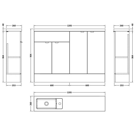 CBI3225 Hudson Reed Fusion Slimline 1200mm Combination Basin Unit with Doors in Pebble Grey Dimensions