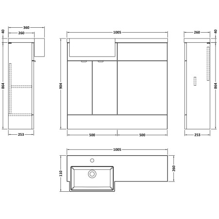 CBI3248 Hudson Reed Fusion Square Semi Recessed 1000mm LH Combination Basin Unit in Pebble Grey Dimensions