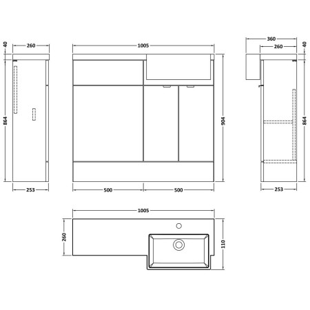 CBI3249 Hudson Reed Fusion Square Semi Recessed 1000mm RH Combination Basin Unit in Pebble Grey Dimensions