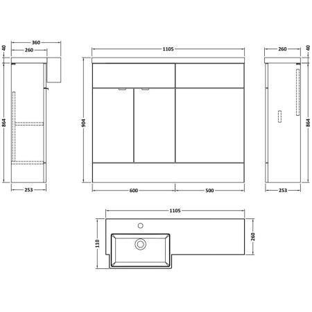 CBI3250 Hudson Reed Fusion Square Semi Recessed 1100mm LH Combination Basin Unit in Pebble Grey Dimensions
