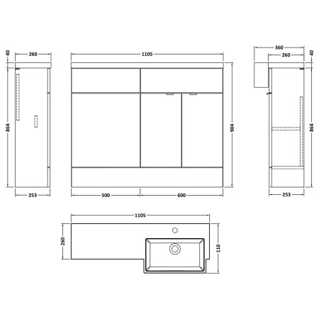 CBI3251 Hudson Reed Fusion Square Semi Recessed 1100mm RH Combination Basin Unit in Pebble Grey Dimensions